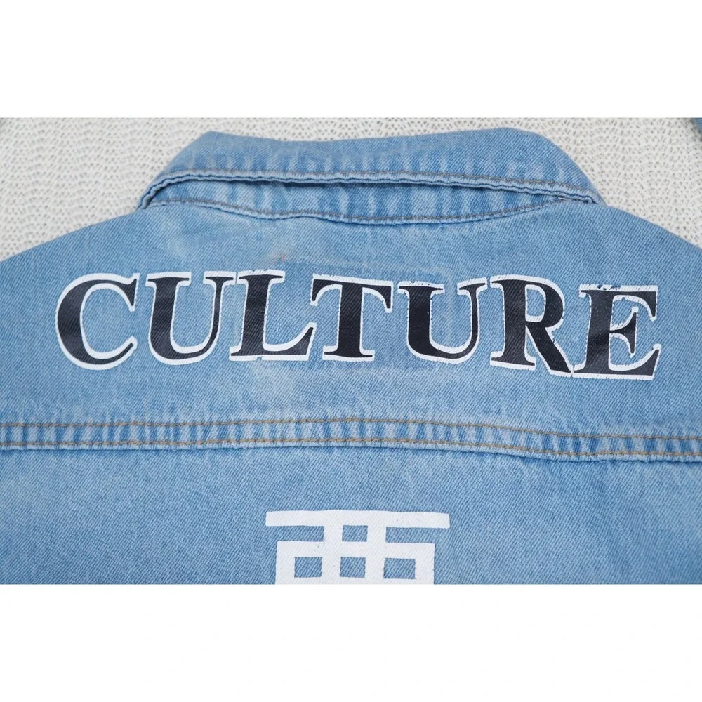 Rue 21 Jean Jacket Womens Small Blue Denim‎ Rose Worldwide Graphic Trucker
